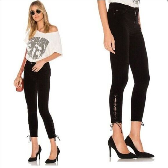 Hudson Nix High Rise Lace Hem Black Velvet Cropped Skinny Pants Size 29 - Picture 1 of 14